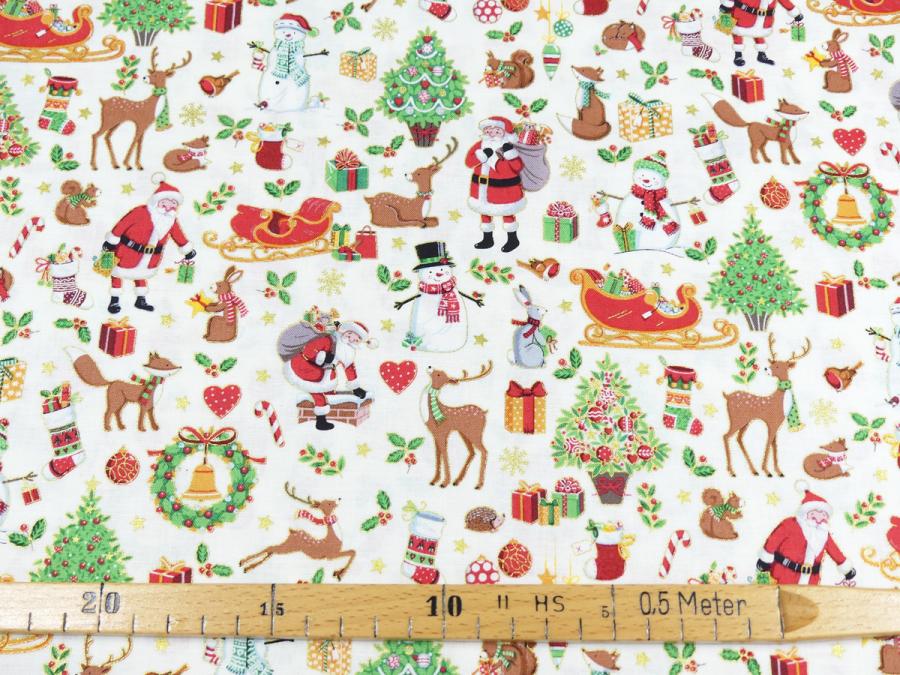 Patchworkstoff weihnachtliche Motive Schlitten Weihnachtsmann Tannenbaum mit Maß